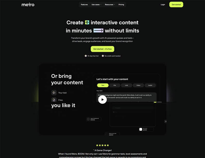 A dark interactive-content tool website with neon accents and a content editor preview. It highlights quick creation of quizzes, tests, and media content.