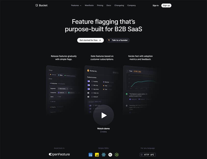 A dark SaaS site showcasing feature-flag dashboards and analytics for B2B use. It emphasizes gradual releases and controlled feature access.